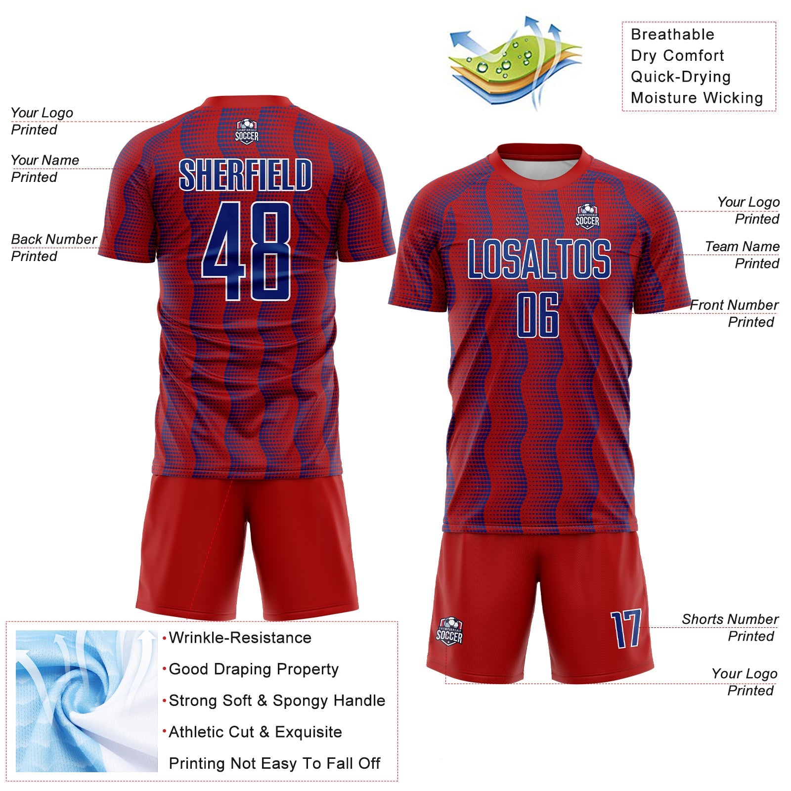 Custom Red Royal-White Geometric Shape Sublimation Soccer Uniform Jersey view 4