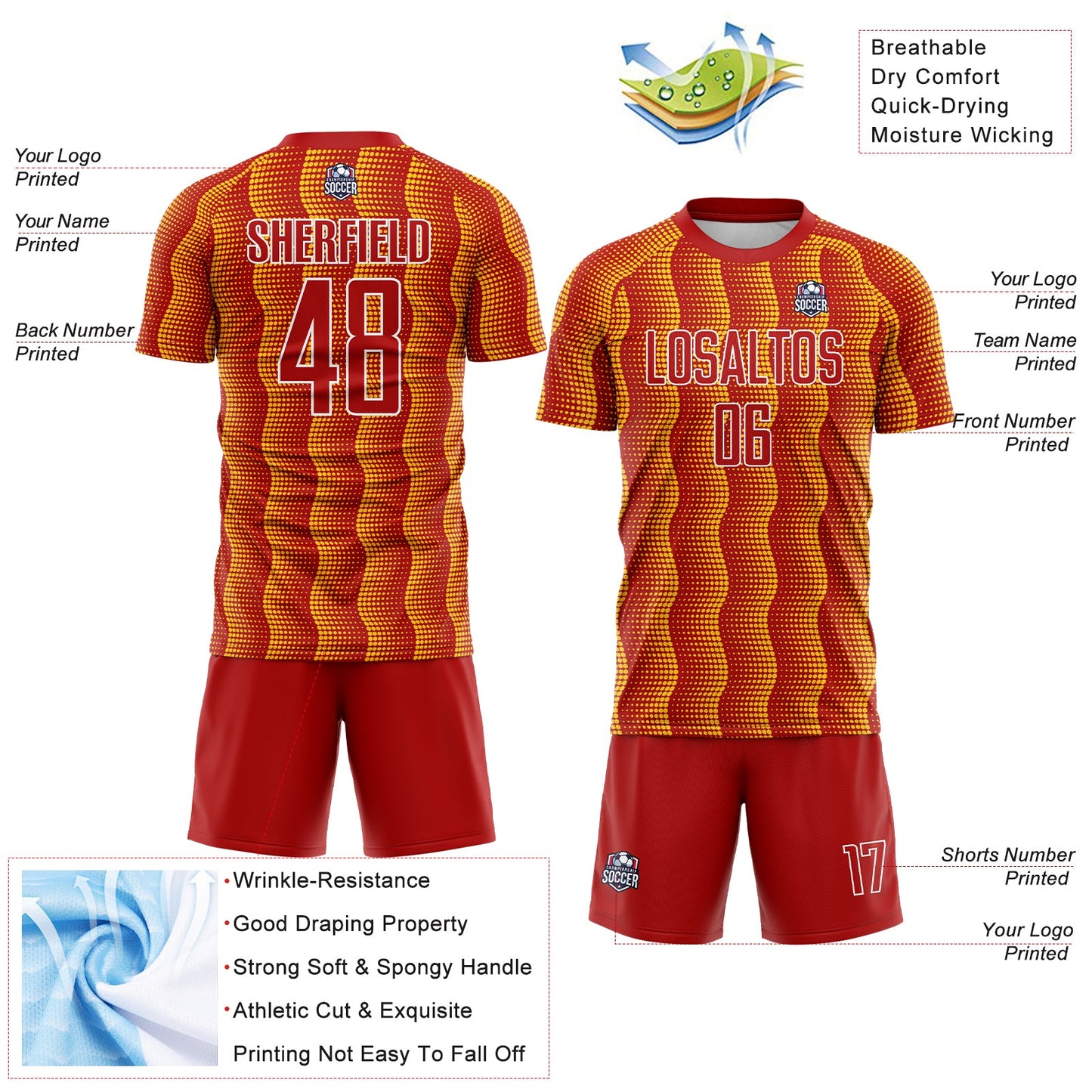 Custom Red Yellow-White Geometric Shape Sublimation Soccer Uniform Jersey view 4