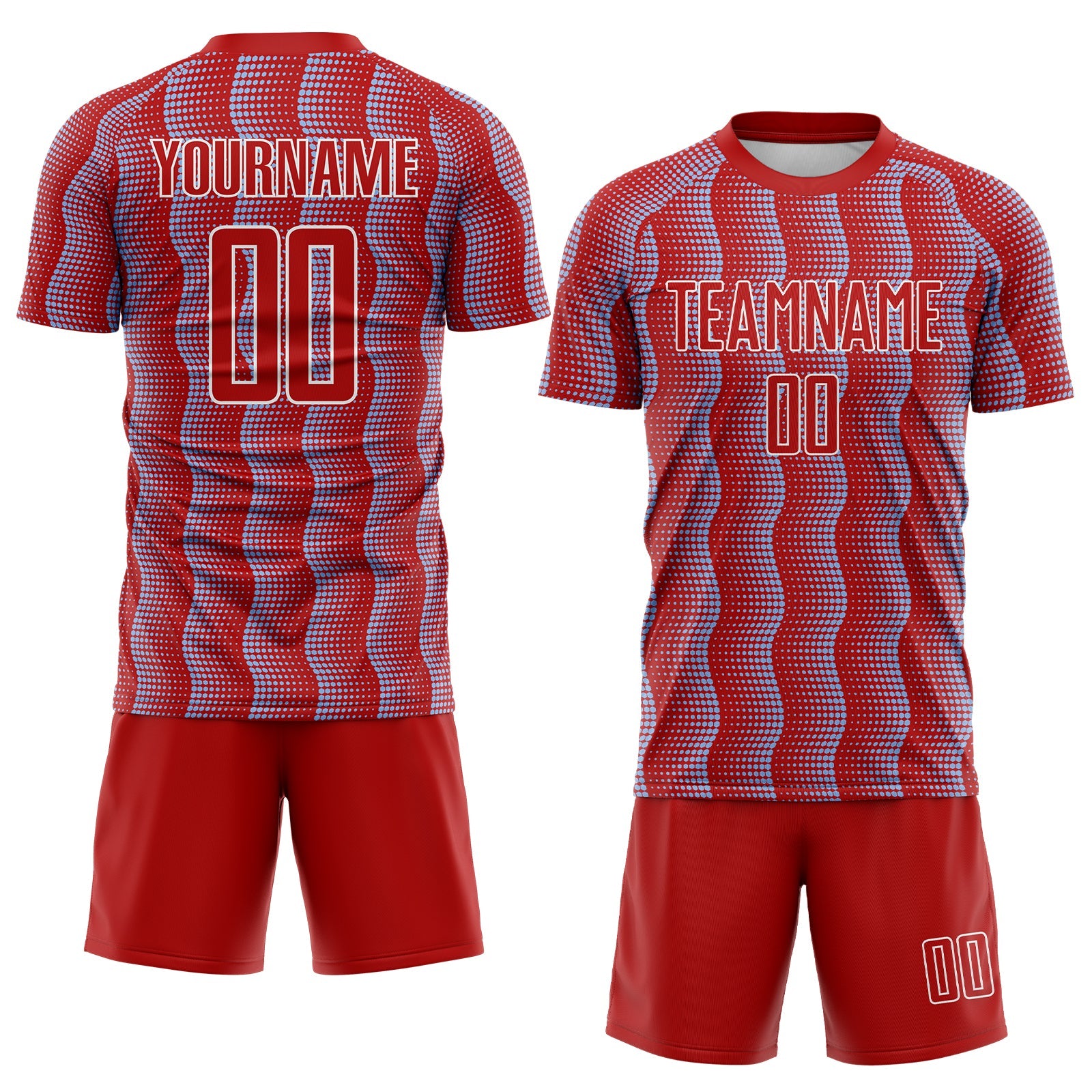 Custom Red Light Blue-White Geometric Shape Sublimation Soccer Uniform Jersey view 2