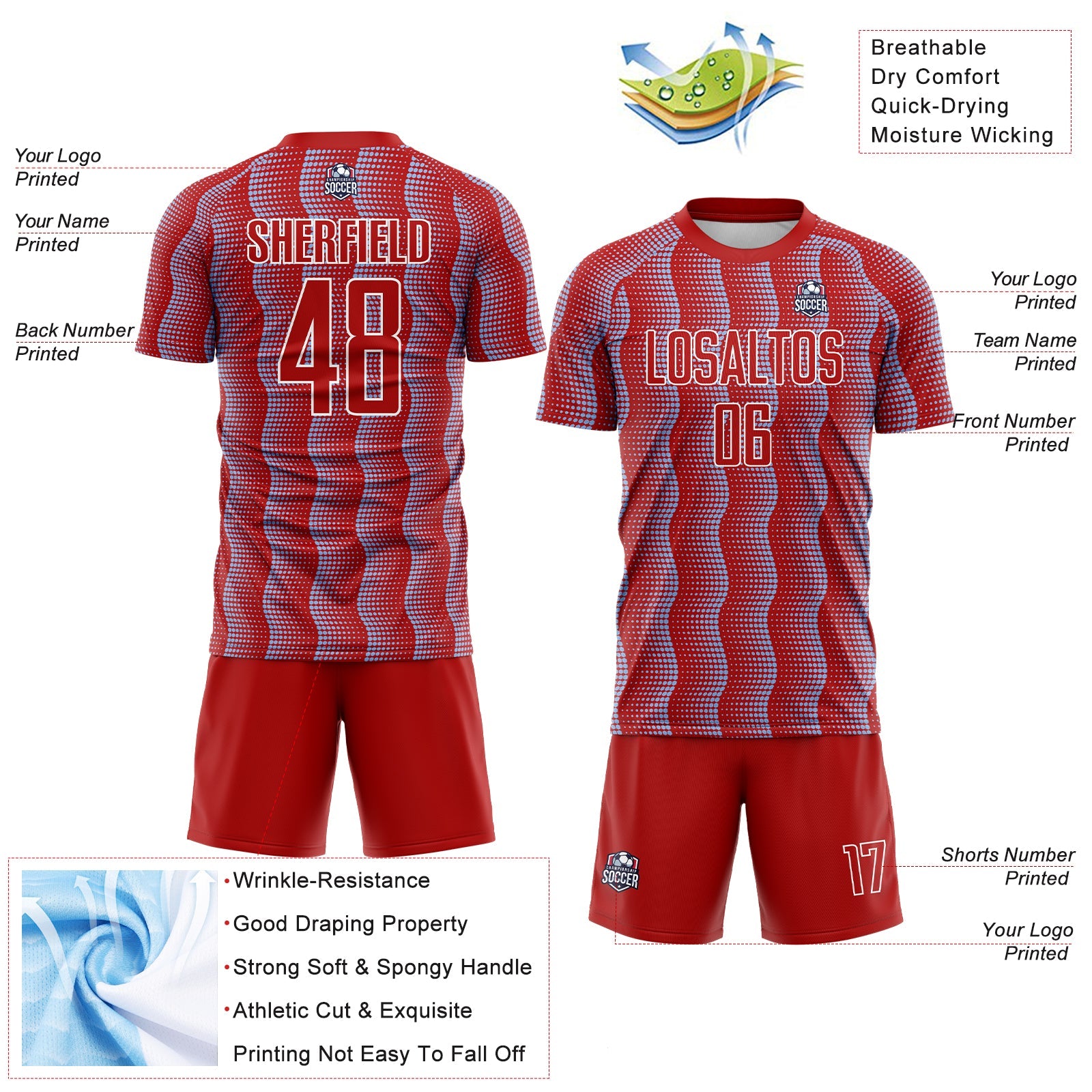 Custom Red Light Blue-White Geometric Shape Sublimation Soccer Uniform Jersey view 4