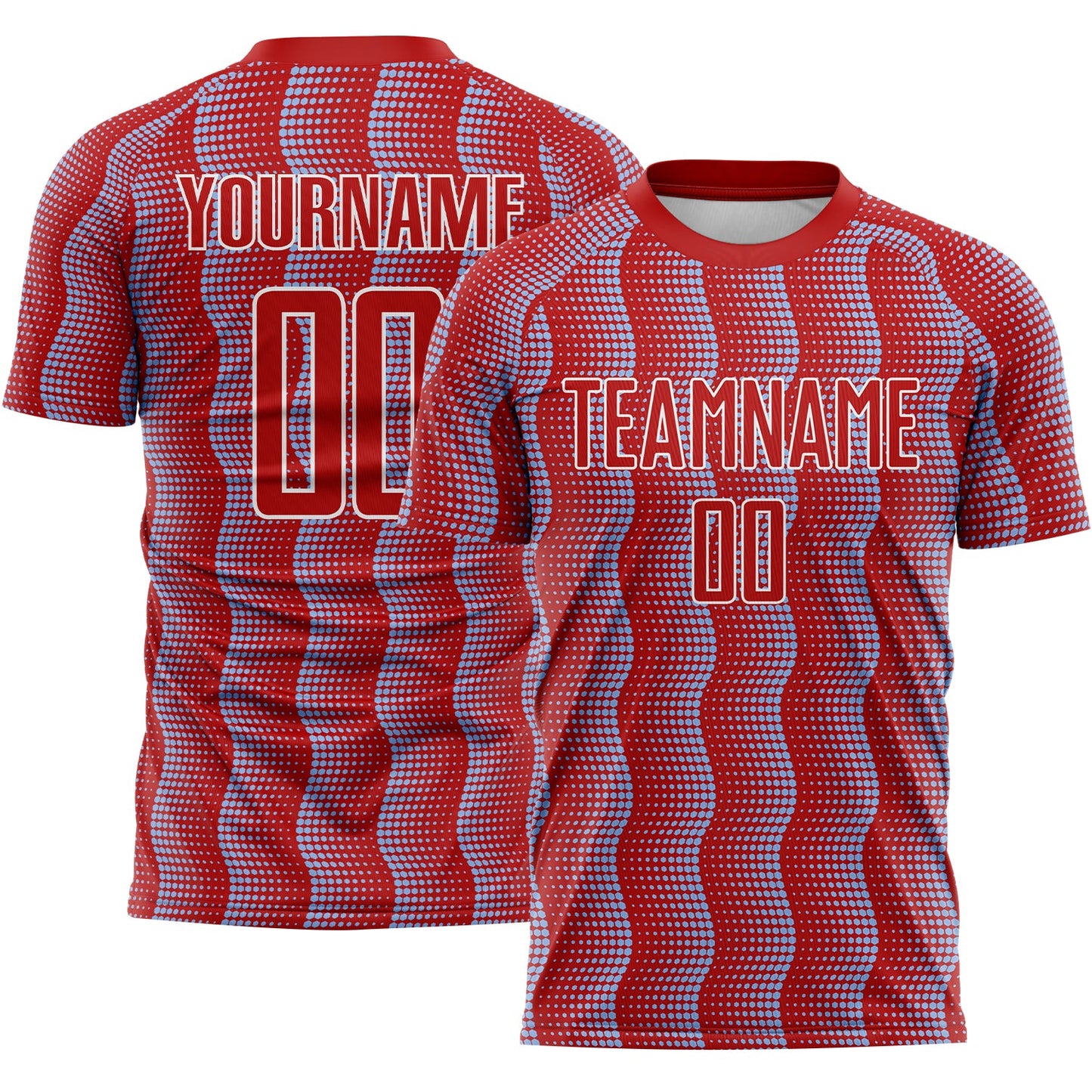 Custom Red Light Blue-White Geometric Shape Sublimation Soccer Uniform Jersey - Main View