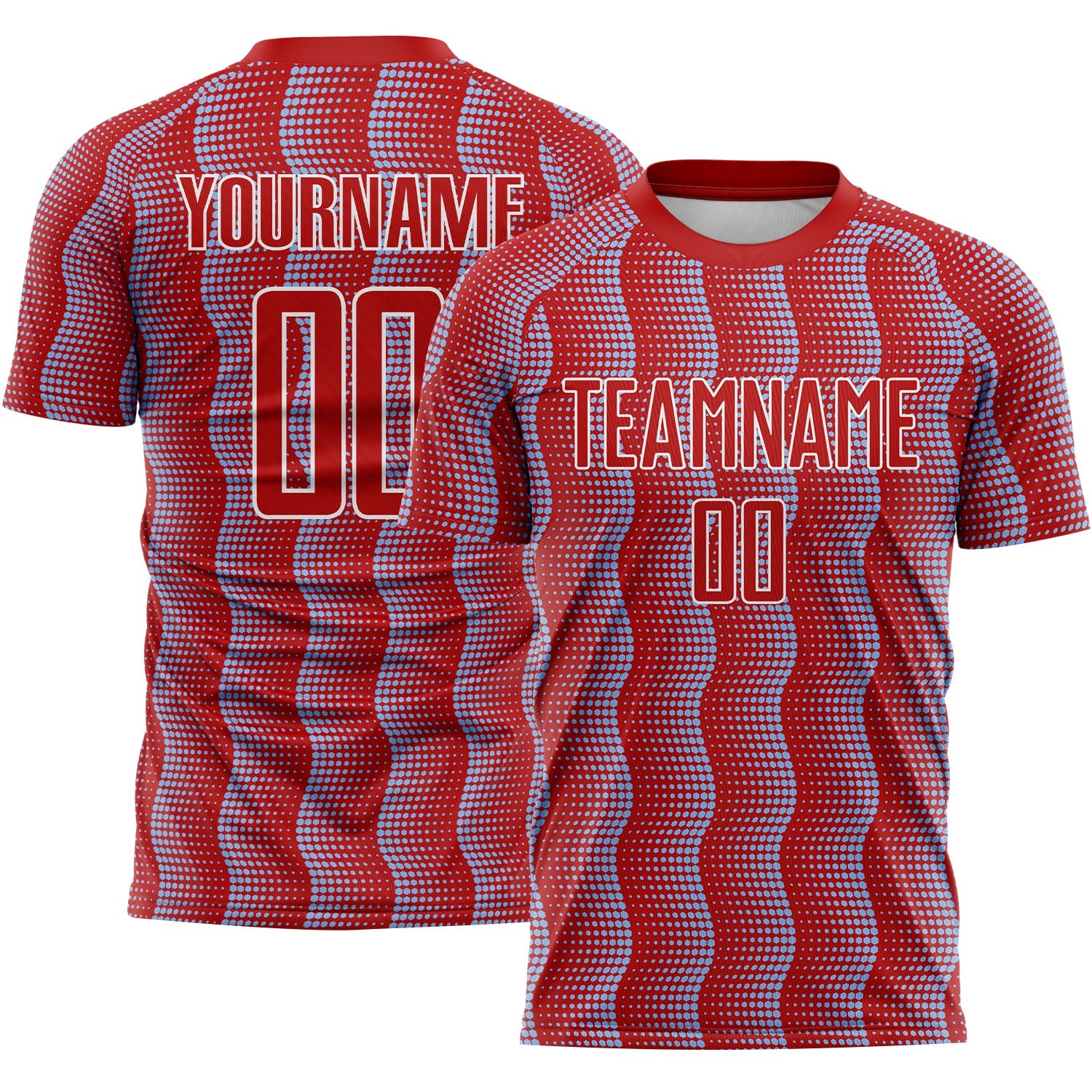 Custom Red Light Blue-White Geometric Shape Sublimation Soccer Uniform Jersey - Main View
