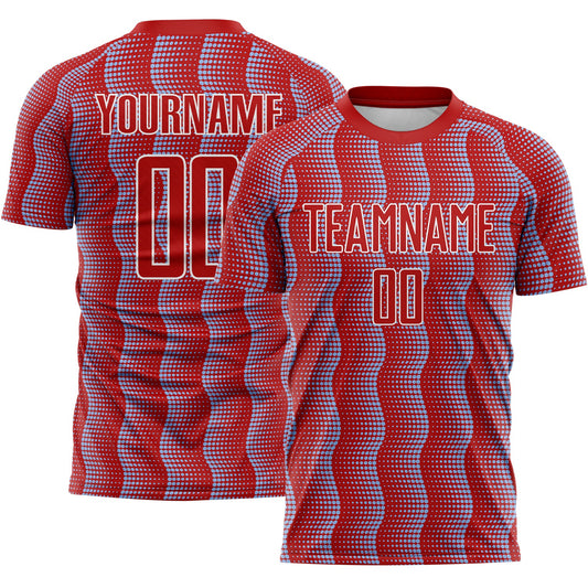 Custom Red Light Blue-White Geometric Shape Sublimation Soccer Uniform Jersey - Main View