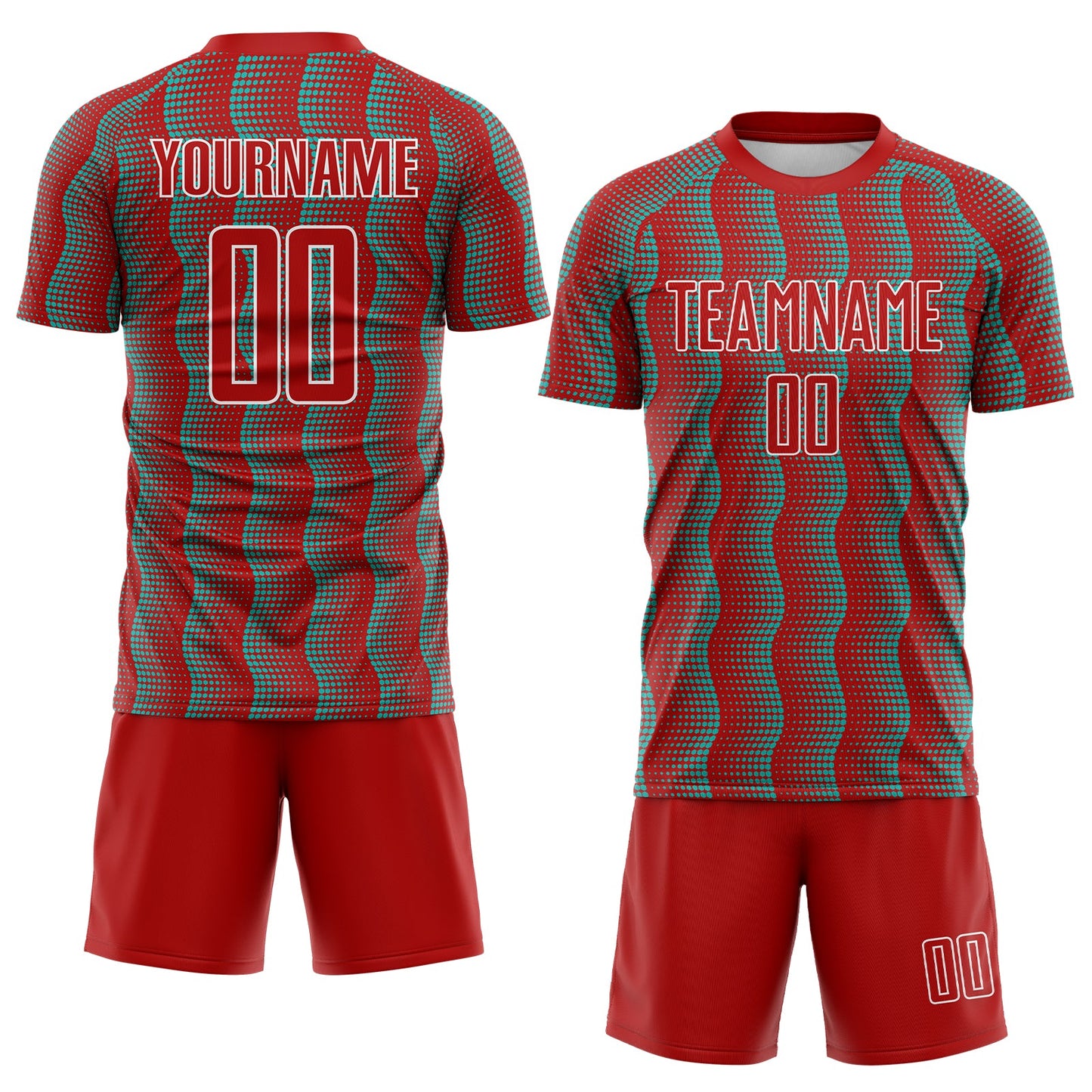 Custom Red Aqua-White Geometric Shape Sublimation Soccer Uniform Jersey view 2