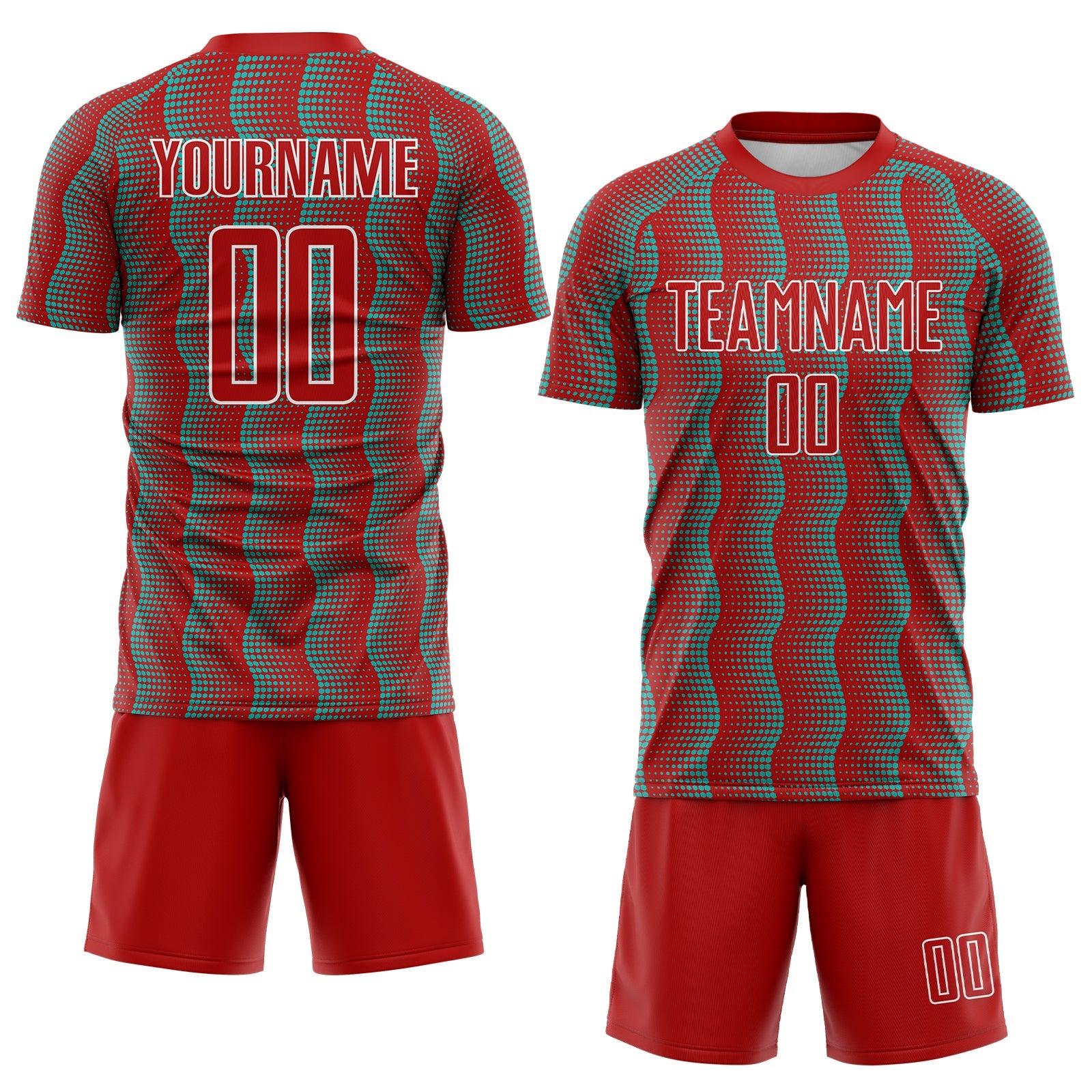 Custom Red Aqua-White Geometric Shape Sublimation Soccer Uniform Jersey view 2