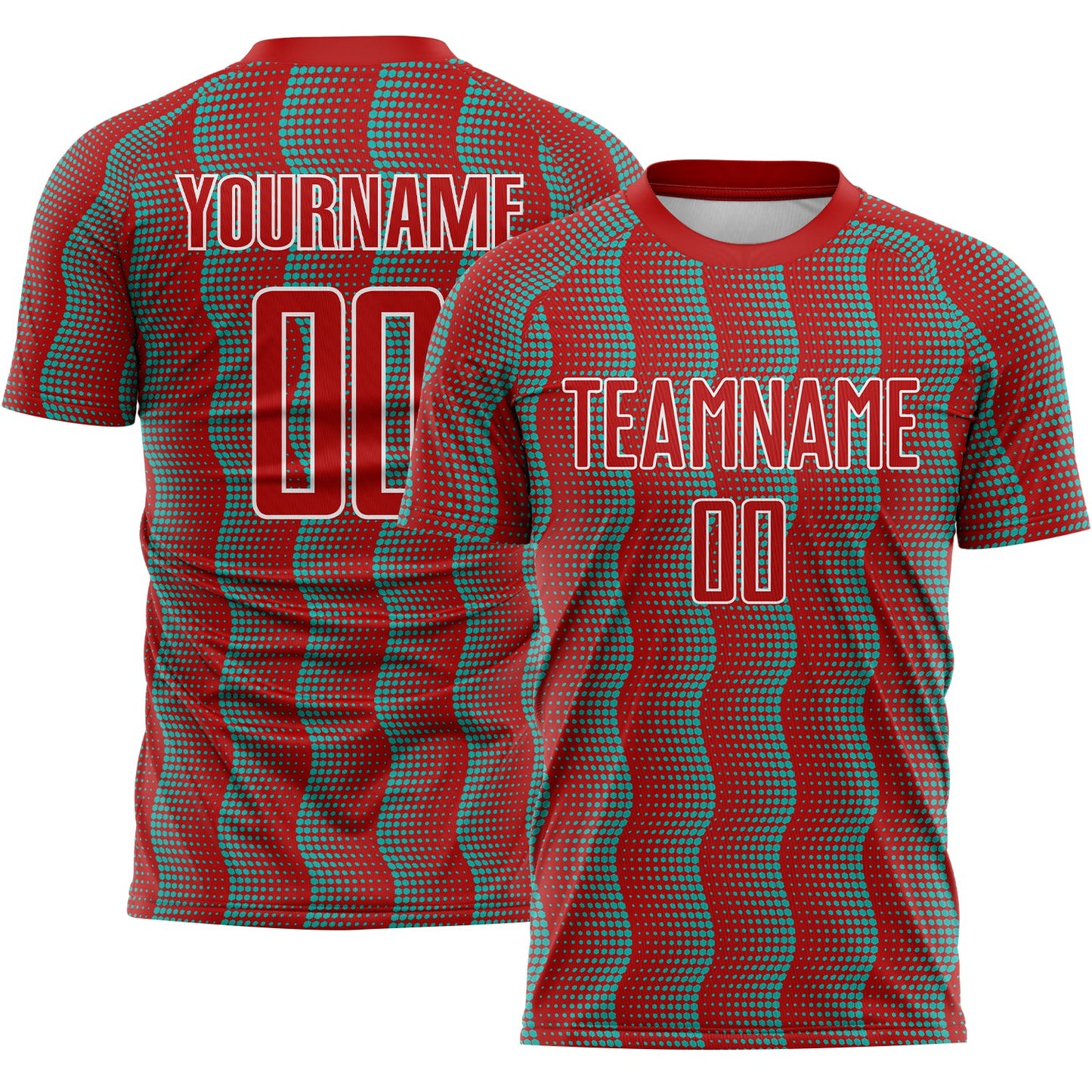 Custom Red Aqua-White Geometric Shape Sublimation Soccer Uniform Jersey - Main View