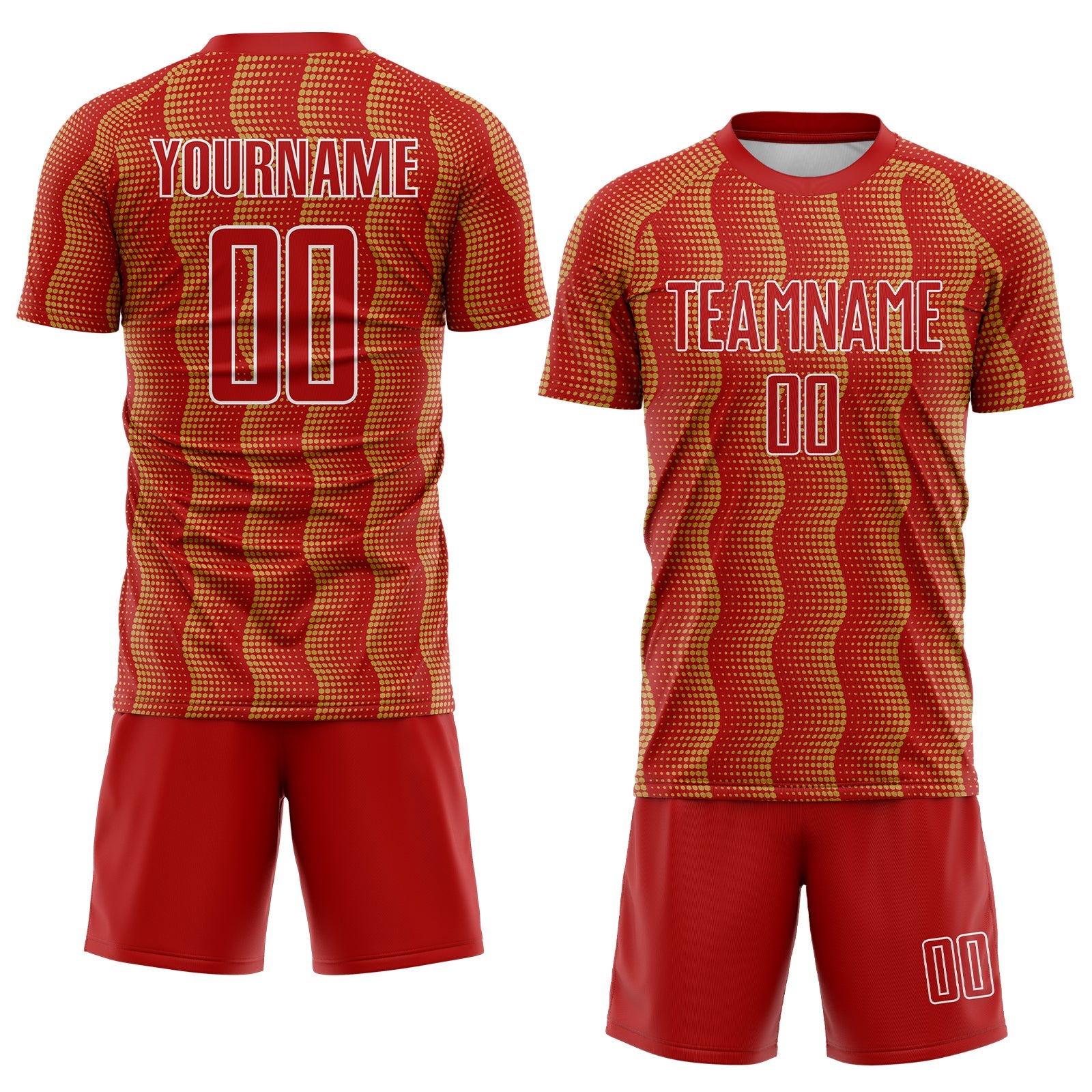 Custom Red Old Gold-White Geometric Shape Sublimation Soccer Uniform Jersey view 2
