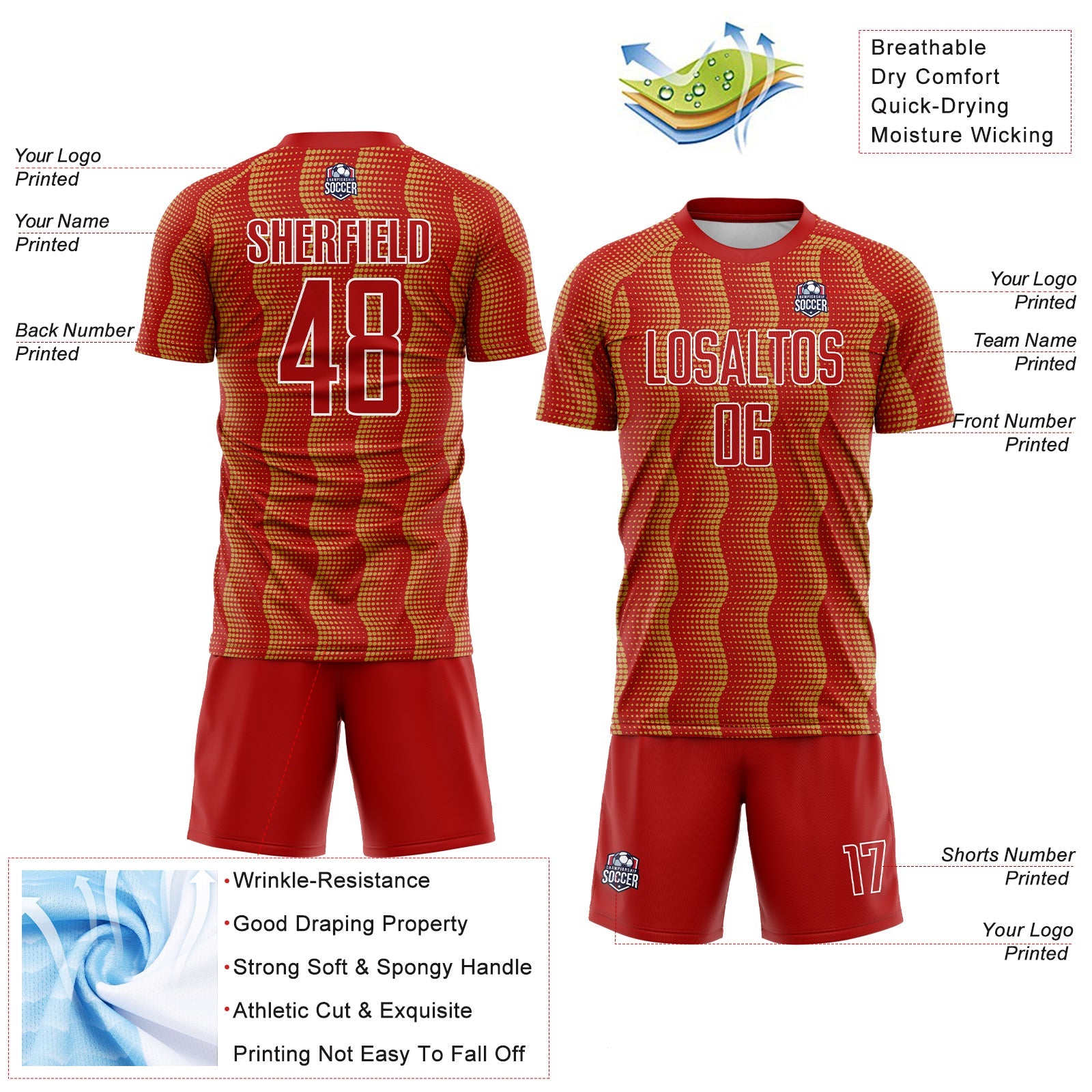 Custom Red Old Gold-White Geometric Shape Sublimation Soccer Uniform Jersey view 4