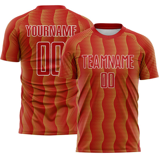 Custom Red Old Gold-White Geometric Shape Sublimation Soccer Uniform Jersey - Main View