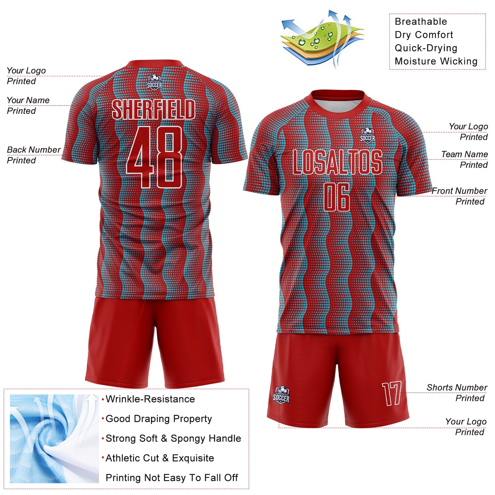 Custom Red Lakes Blue-White Geometric Shape Sublimation Soccer Uniform Jersey view 4