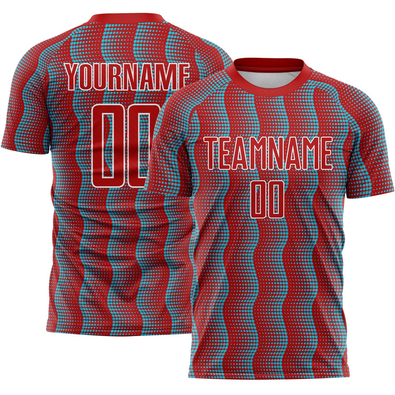 Custom Red Lakes Blue-White Geometric Shape Sublimation Soccer Uniform Jersey - Main View
