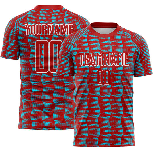 Custom Red Lakes Blue-White Geometric Shape Sublimation Soccer Uniform Jersey - Main View