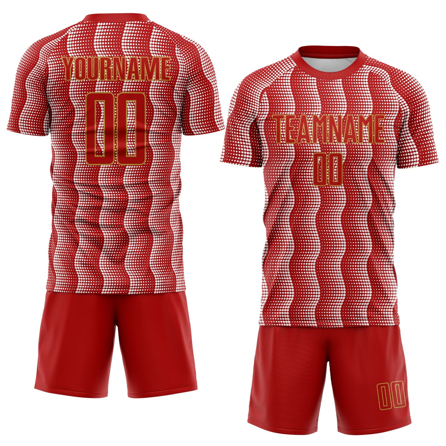 Custom Red Old Gold-White Geometric Shape Sublimation Soccer Uniform Jersey view 2