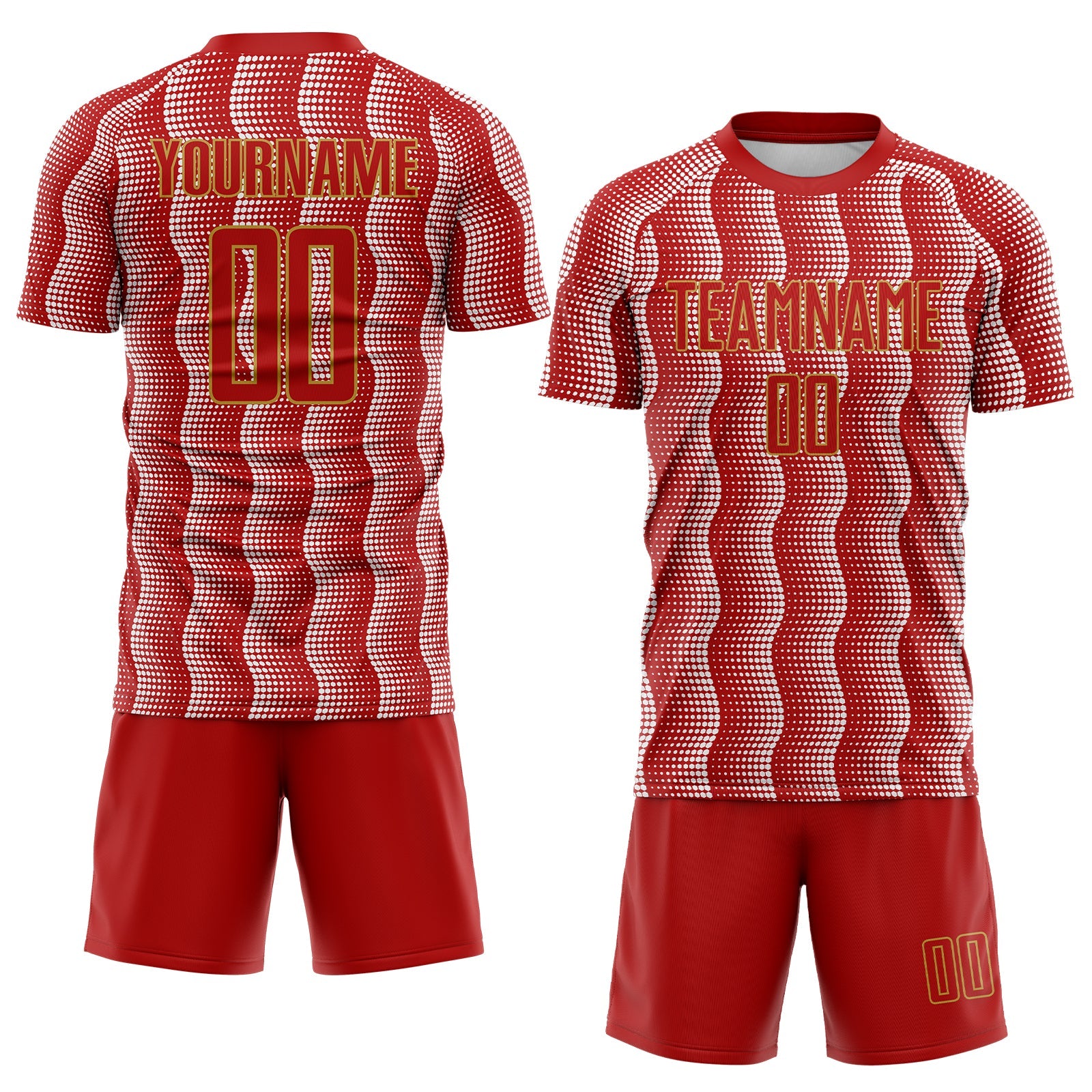 Custom Red Old Gold-White Geometric Shape Sublimation Soccer Uniform Jersey view 2
