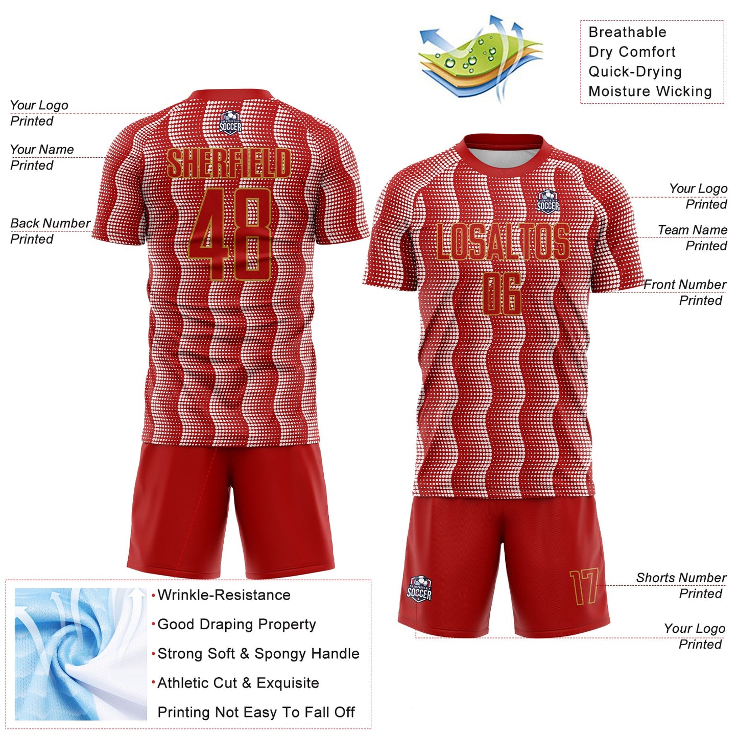 Custom Red Old Gold-White Geometric Shape Sublimation Soccer Uniform Jersey view 4