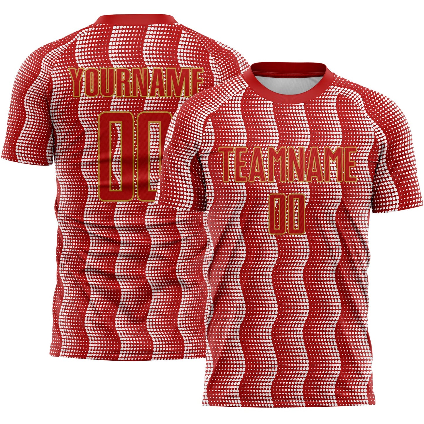 Custom Red Old Gold-White Geometric Shape Sublimation Soccer Uniform Jersey - Main View