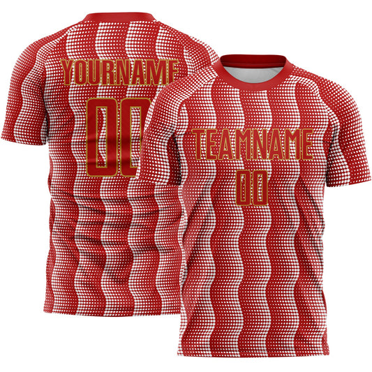 Custom Red Old Gold-White Geometric Shape Sublimation Soccer Uniform Jersey - Main View