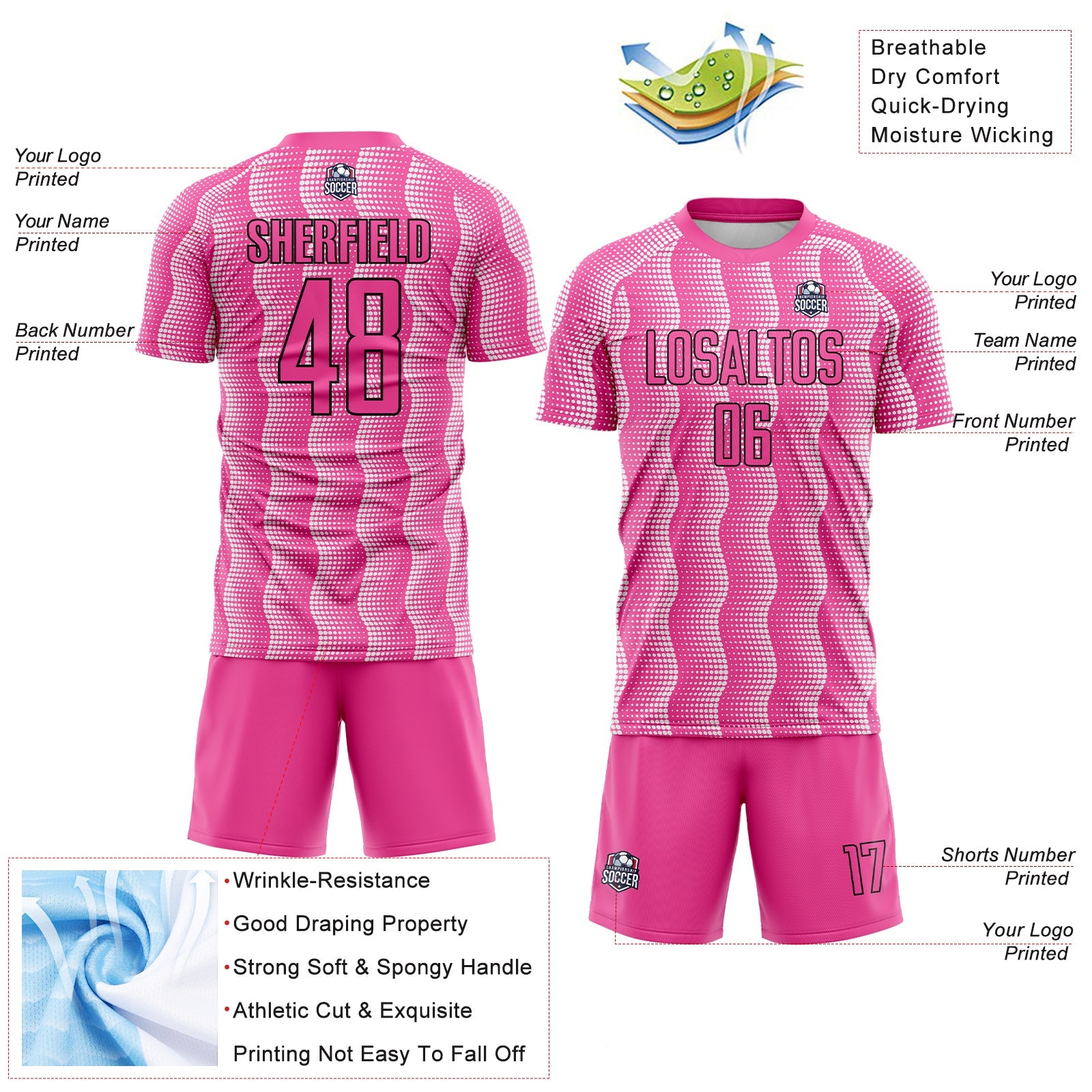 Custom Pink Black-White Geometric Shape Sublimation Soccer Uniform Jersey view 4