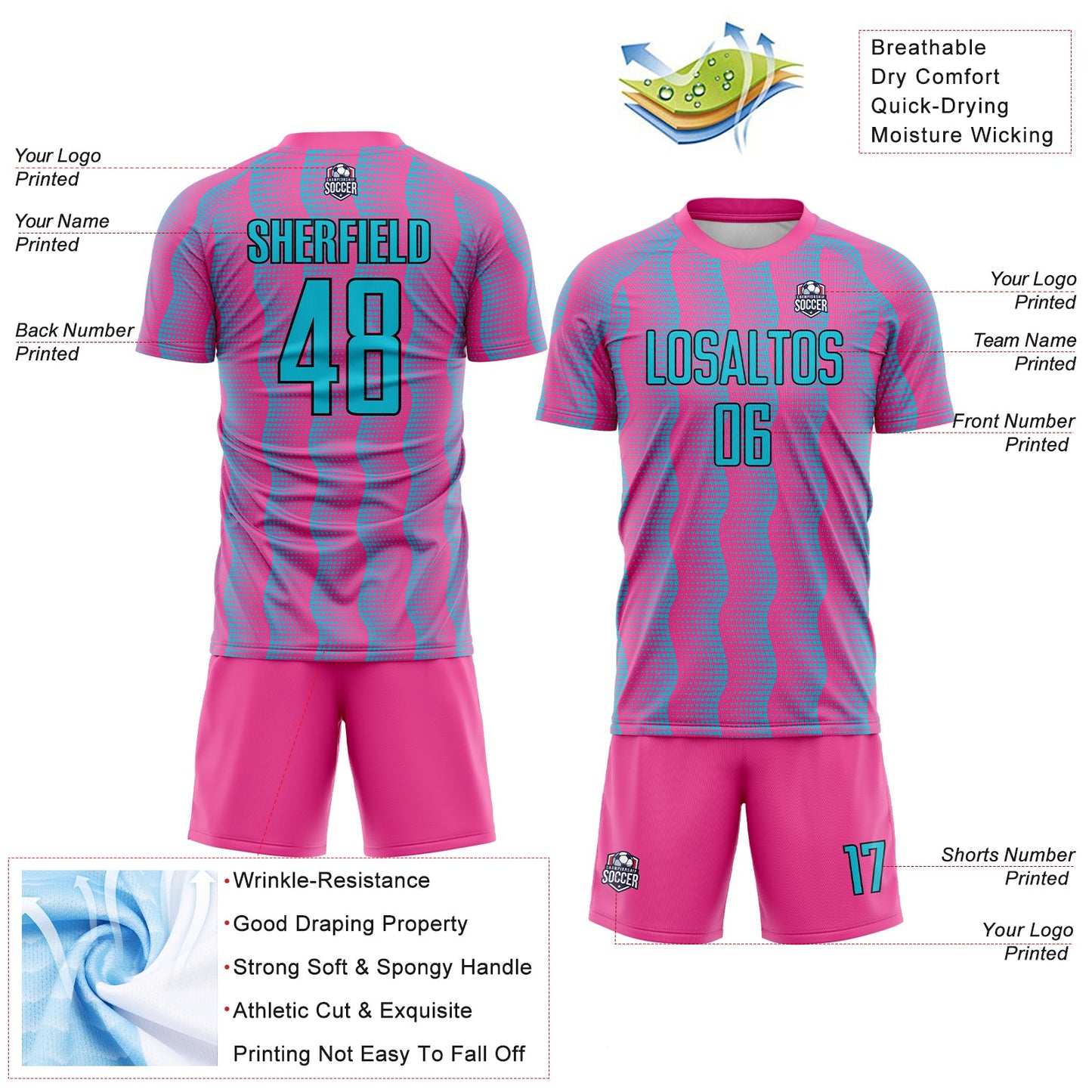 Custom Pink Lakes Blue-Black Geometric Shape Sublimation Soccer Uniform Jersey view 4