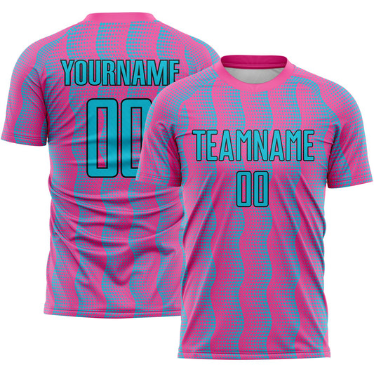 Custom Pink Lakes Blue-Black Geometric Shape Sublimation Soccer Uniform Jersey - Main View