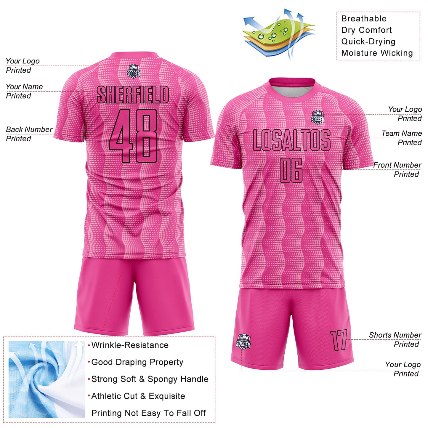 Custom Pink Light Pink-Black Geometric Shape Sublimation Soccer Uniform Jersey view 4