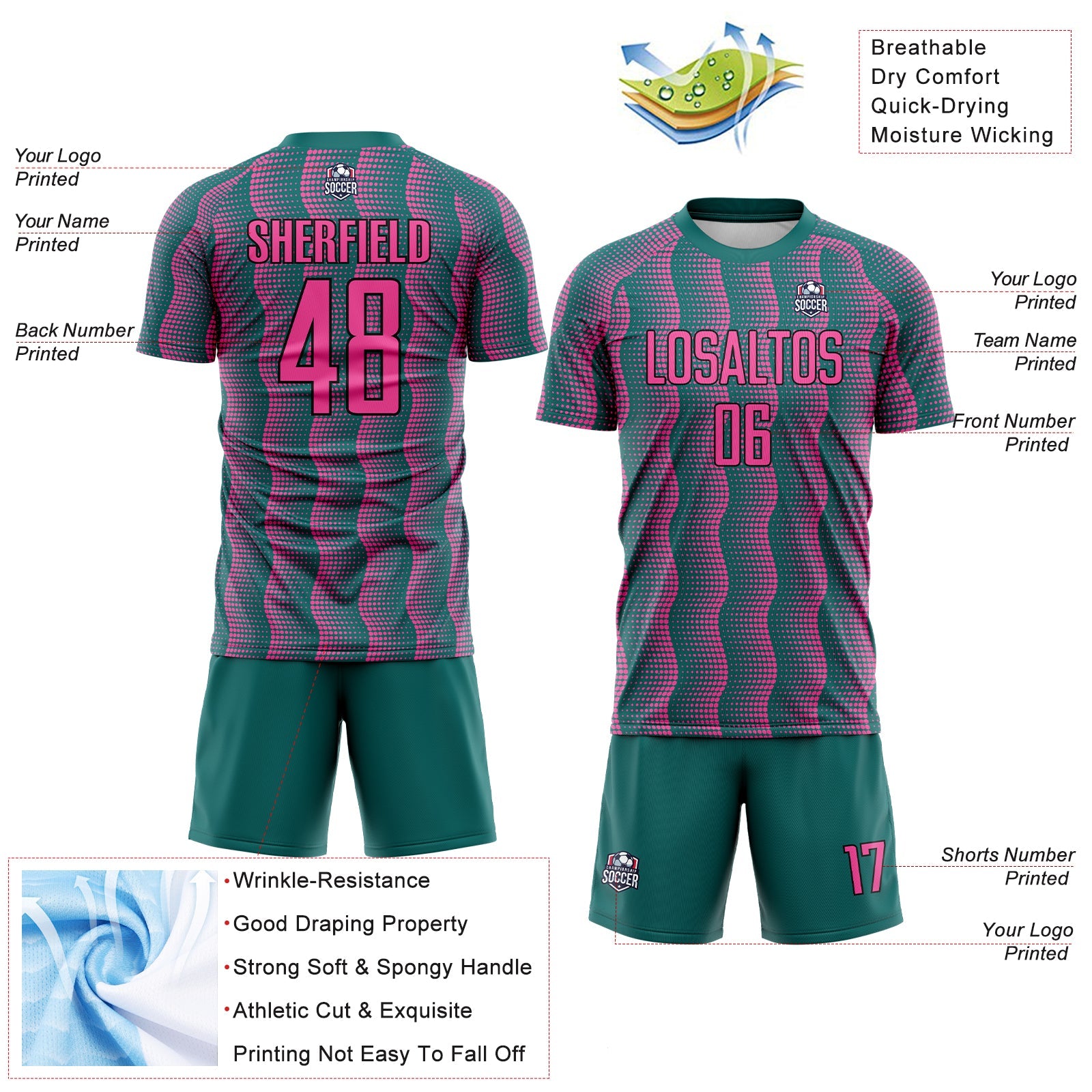 Custom Teal Pink-Black Geometric Shape Sublimation Soccer Uniform Jersey view 4
