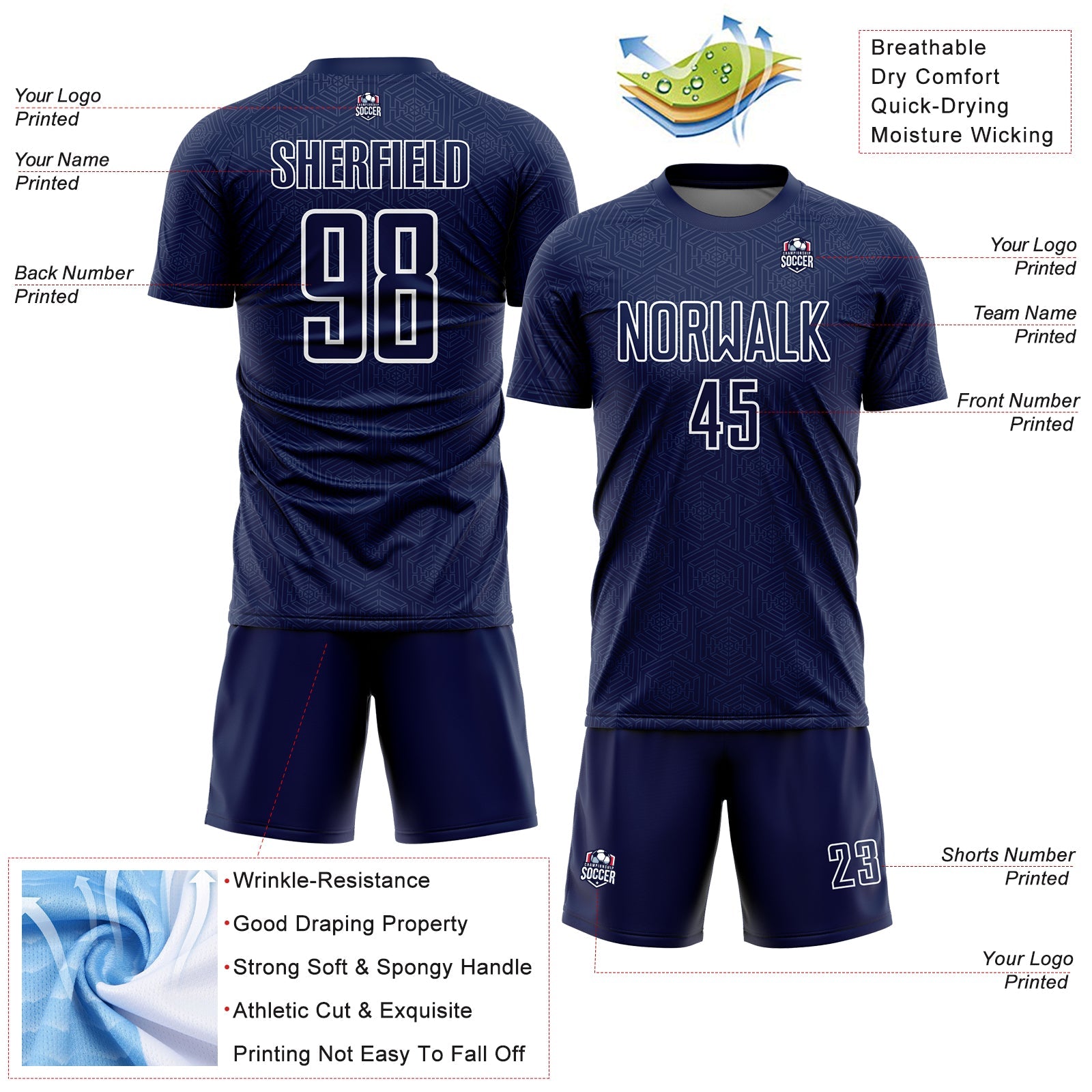 Custom Navy White Geometric Shape Sublimation Soccer Uniform Jersey view 4