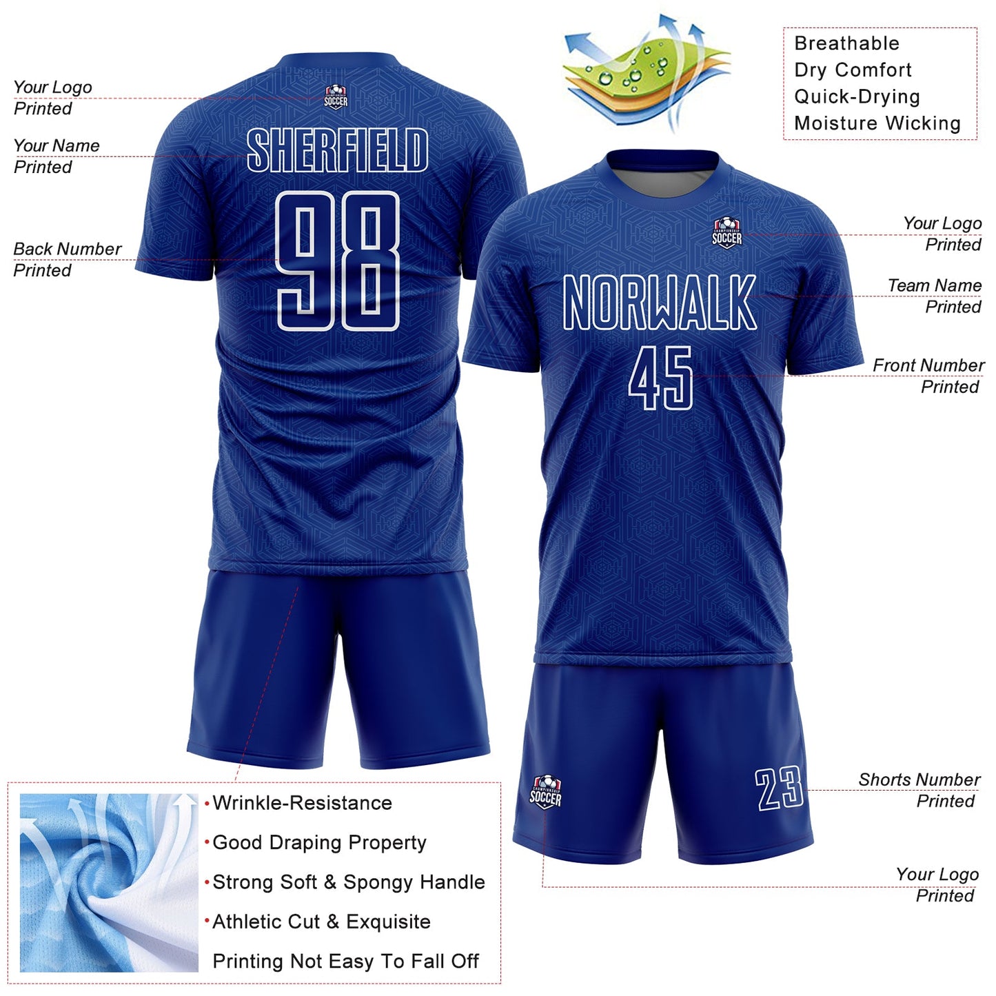 Custom Royal White Geometric Shape Sublimation Soccer Uniform Jersey view 4