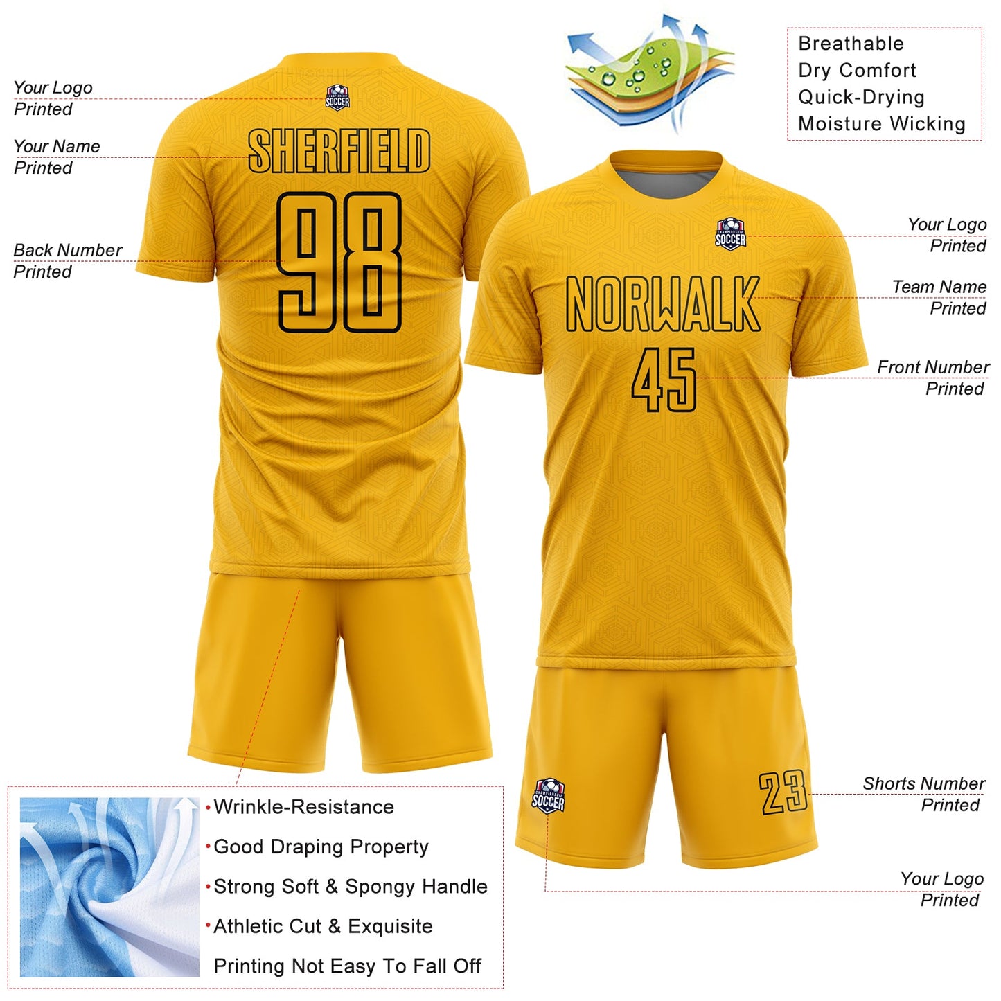 Custom Gold Black Geometric Shape Sublimation Soccer Uniform Jersey view 4
