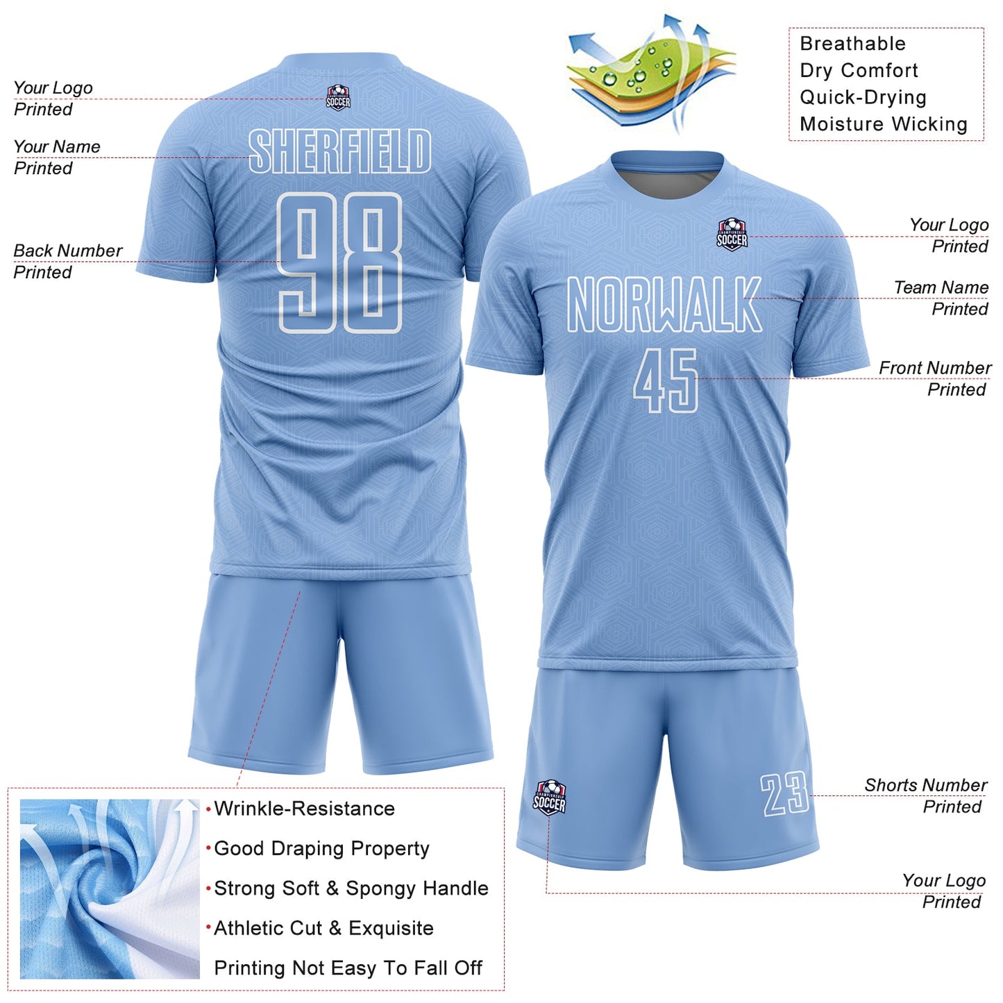 Custom Light Blue White Geometric Shape Sublimation Soccer Uniform Jersey view 4