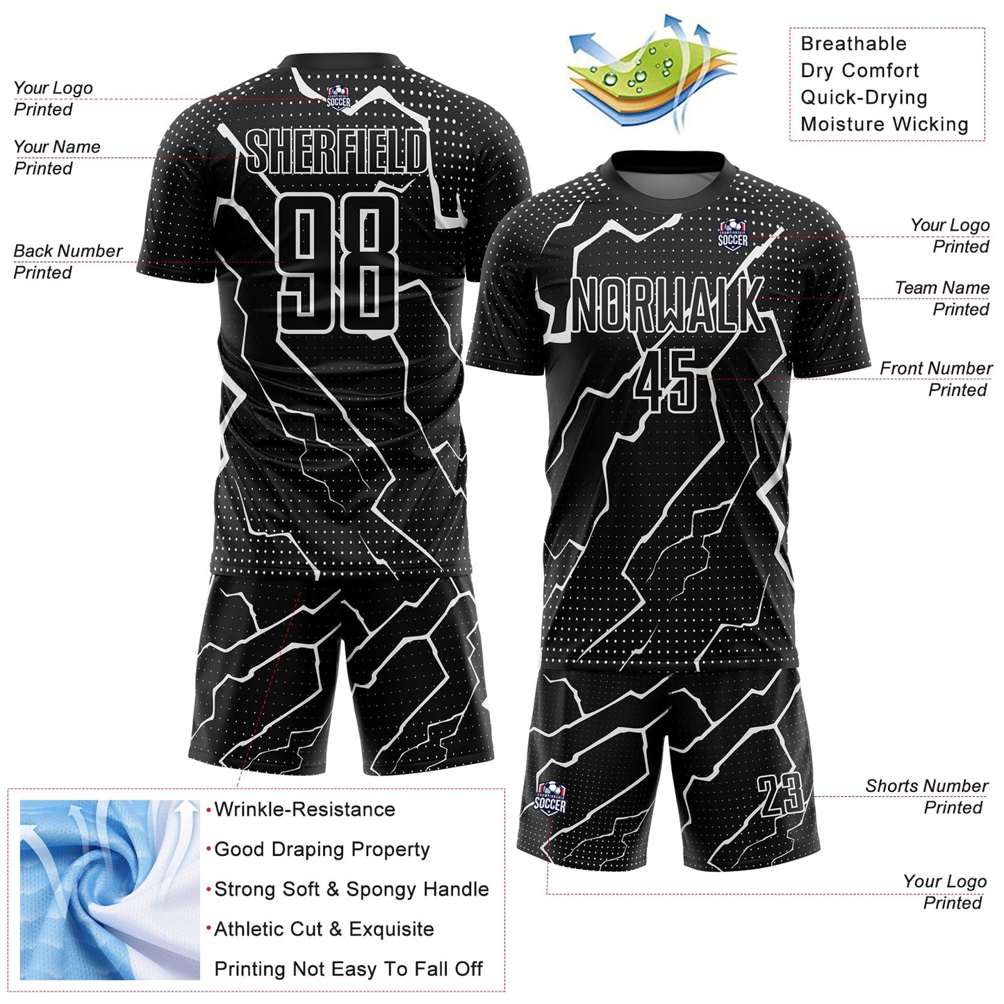 Custom Black White Lightning Sublimation Soccer Uniform Jersey view 4