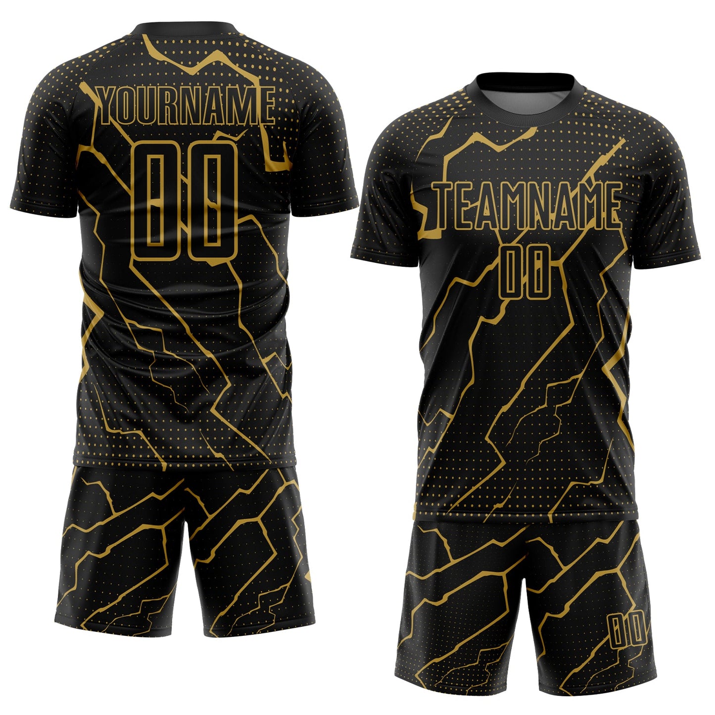 Custom Black Old Gold Lightning Sublimation Soccer Uniform Jersey view 2