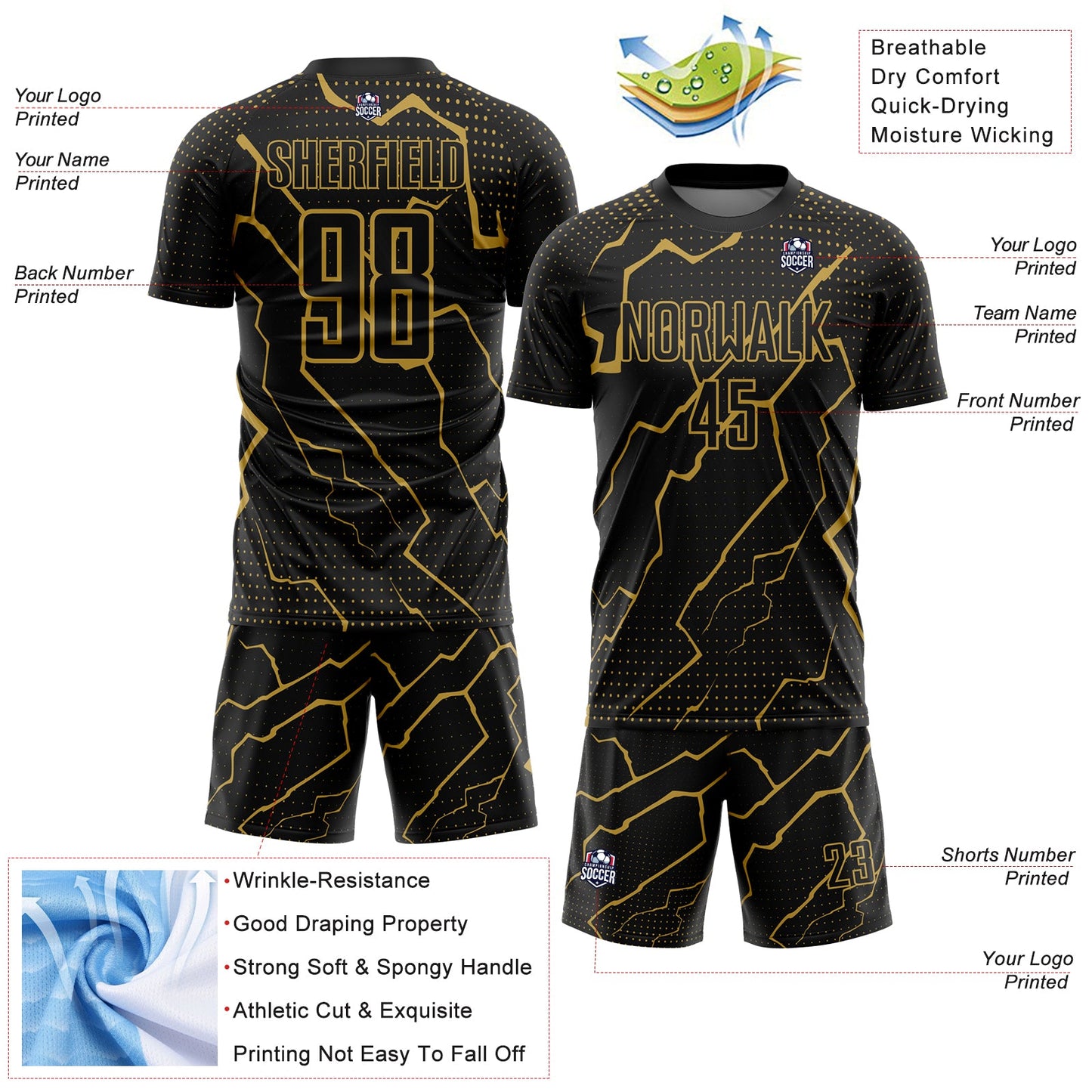 Custom Black Old Gold Lightning Sublimation Soccer Uniform Jersey view 4