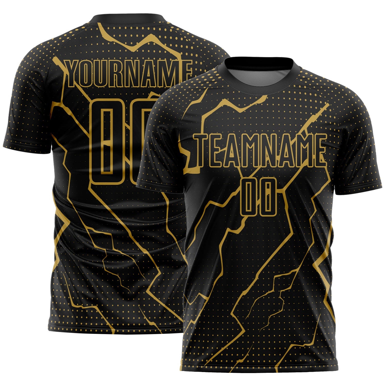 Custom Black Old Gold Lightning Sublimation Soccer Uniform Jersey - Main View