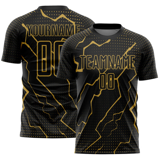 Custom Black Old Gold Lightning Sublimation Soccer Uniform Jersey - Main View