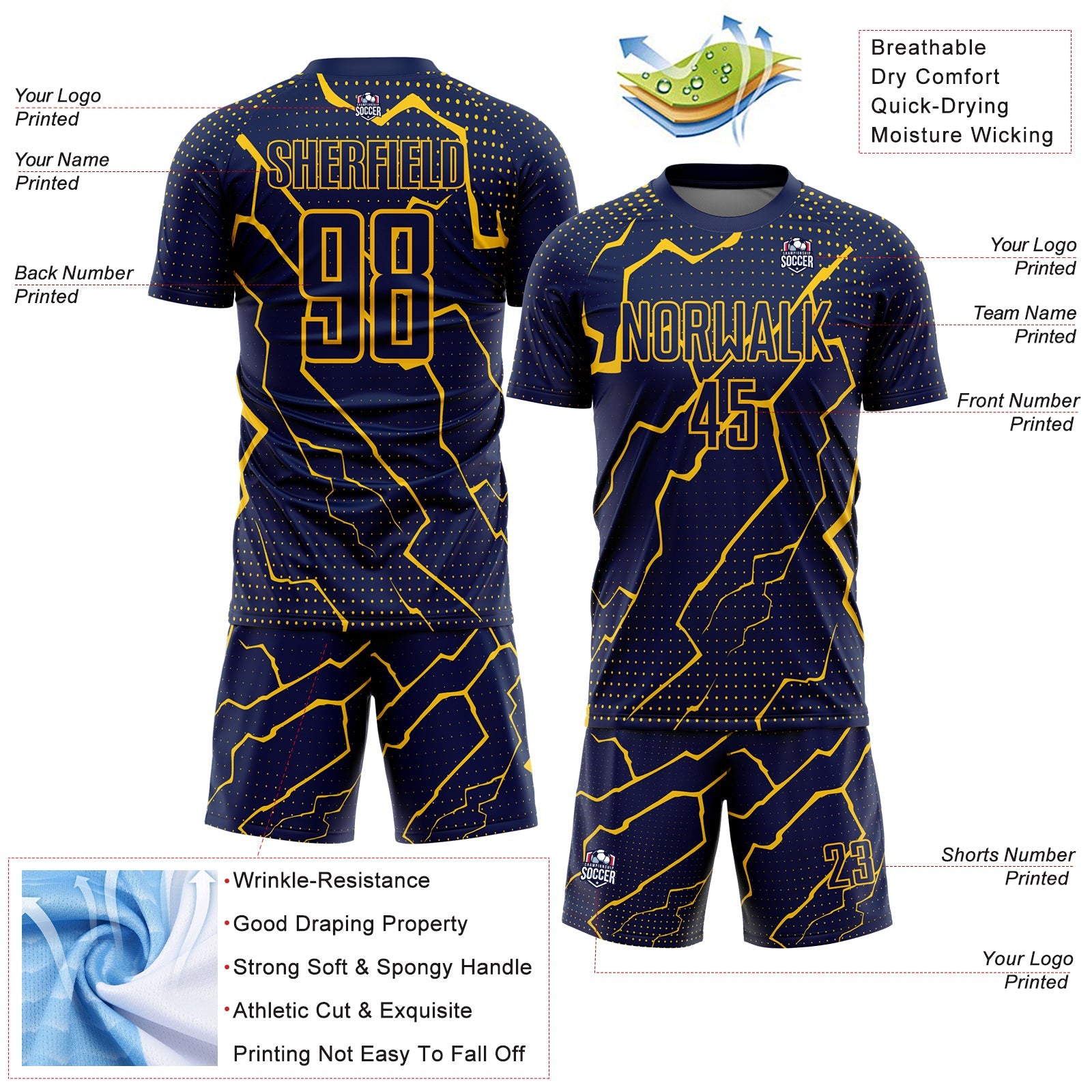 Custom Navy Yellow Lightning Sublimation Soccer Uniform Jersey view 4