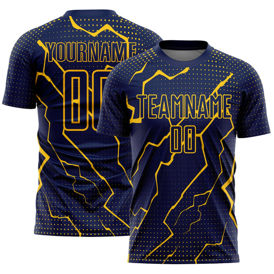 Custom Navy Yellow Lightning Sublimation Soccer Uniform Jersey - Main View