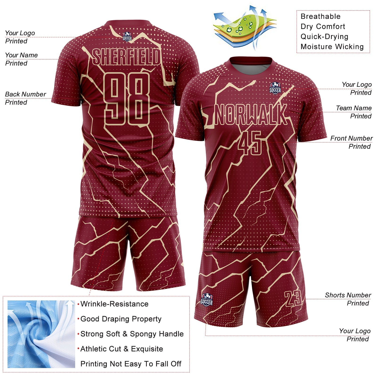 Custom Crimson City Cream Lightning Sublimation Soccer Uniform Jersey view 4