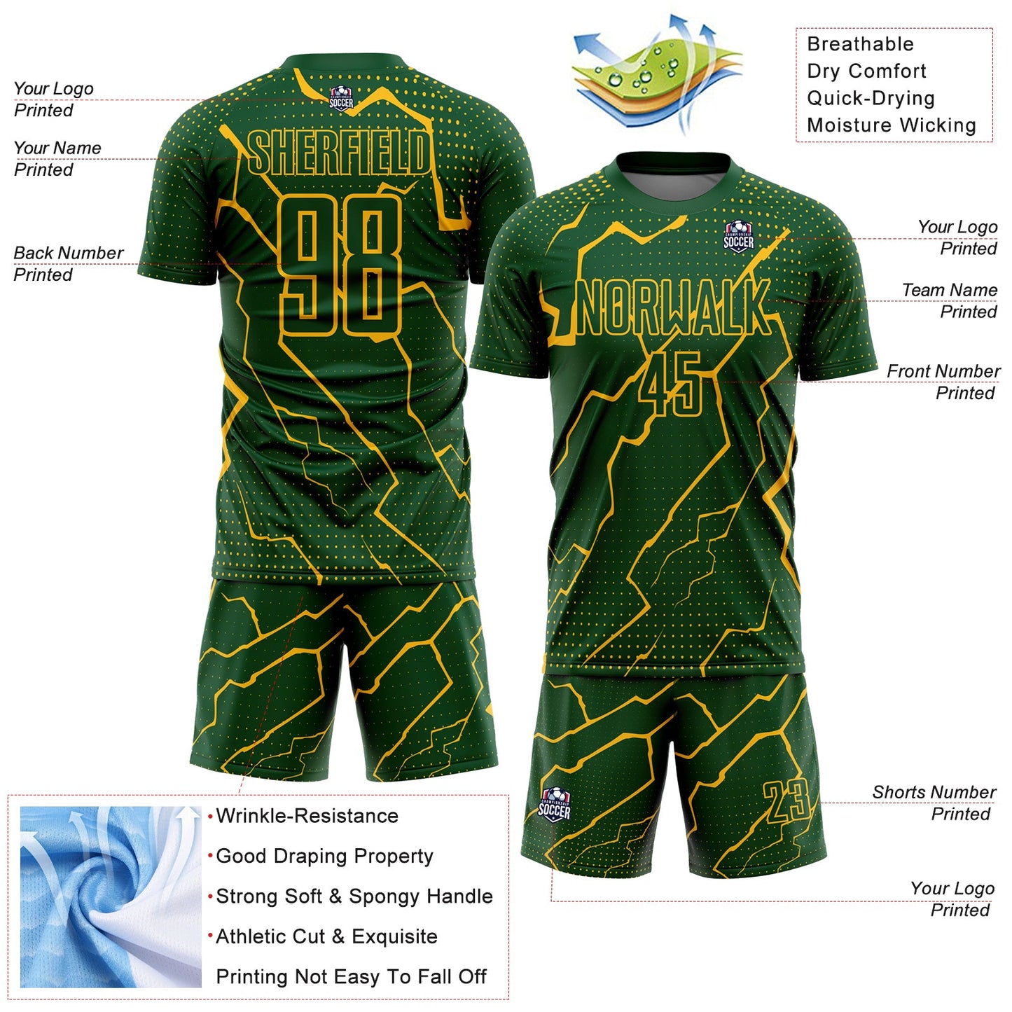 Custom Green Gold Lightning Sublimation Soccer Uniform Jersey view 4