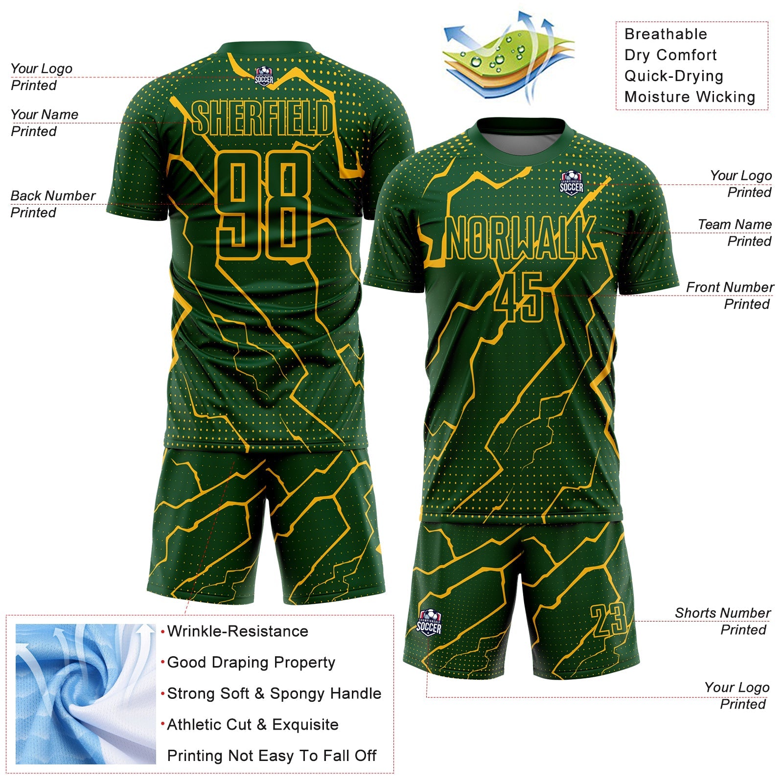 Custom Green Gold Lightning Sublimation Soccer Uniform Jersey view 4