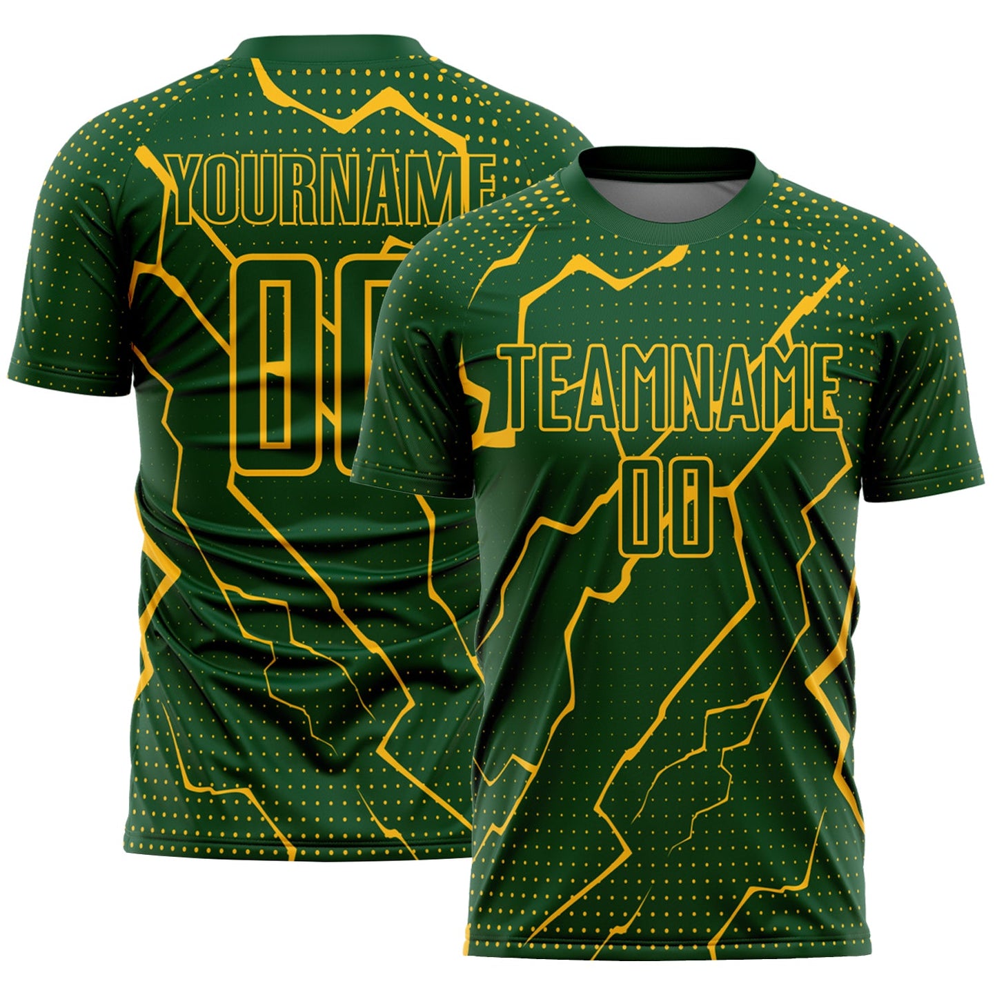 Custom Green Gold Lightning Sublimation Soccer Uniform Jersey - Main View