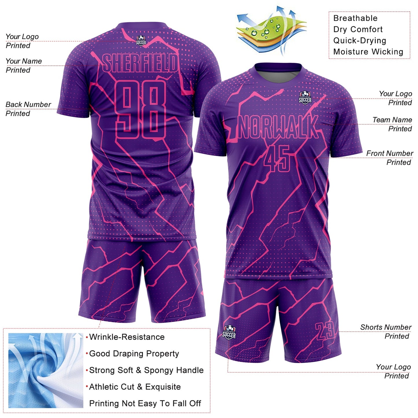 Custom Purple Pink Lightning Sublimation Soccer Uniform Jersey view 4