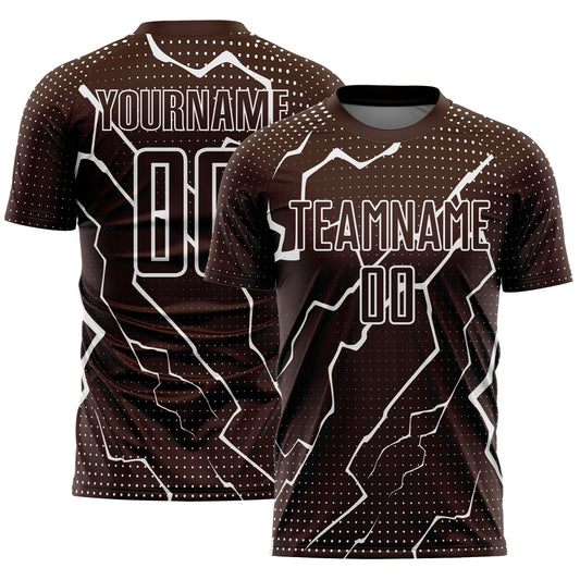 Custom Brown White Lightning Sublimation Soccer Uniform Jersey - Main View