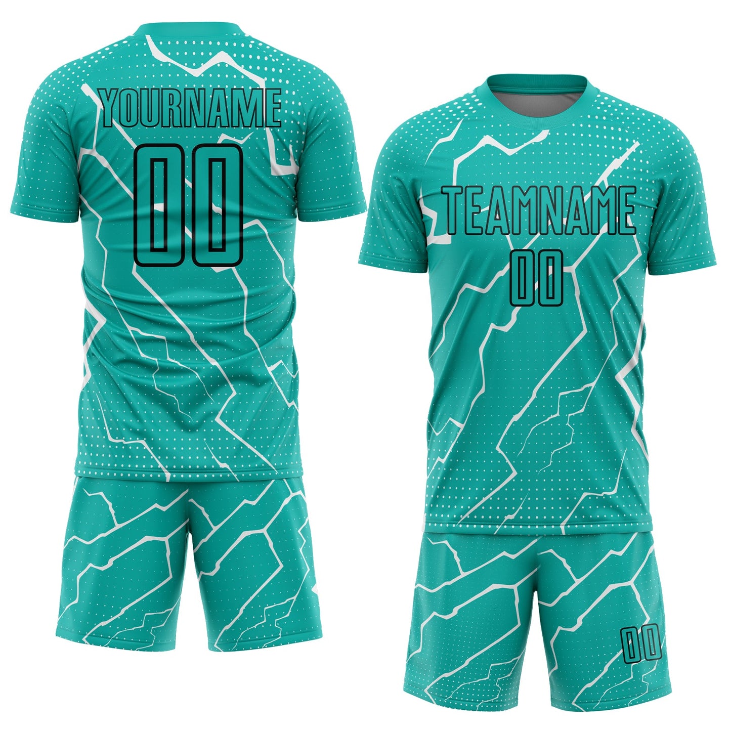 Custom Aqua Black-White Lightning Sublimation Soccer Uniform Jersey view 2