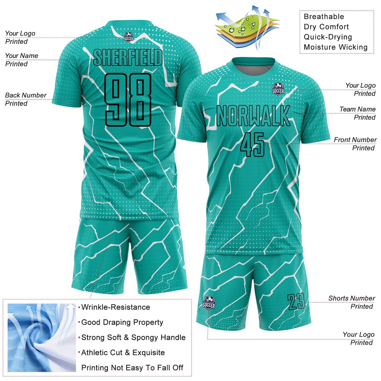 Custom Aqua Black-White Lightning Sublimation Soccer Uniform Jersey view 4