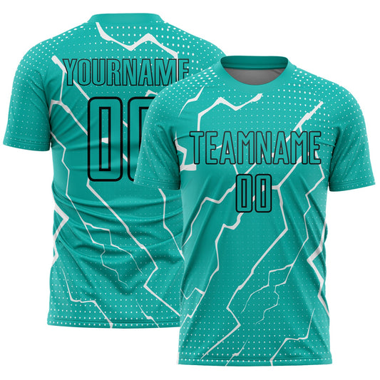 Custom Aqua Black-White Lightning Sublimation Soccer Uniform Jersey - Main View