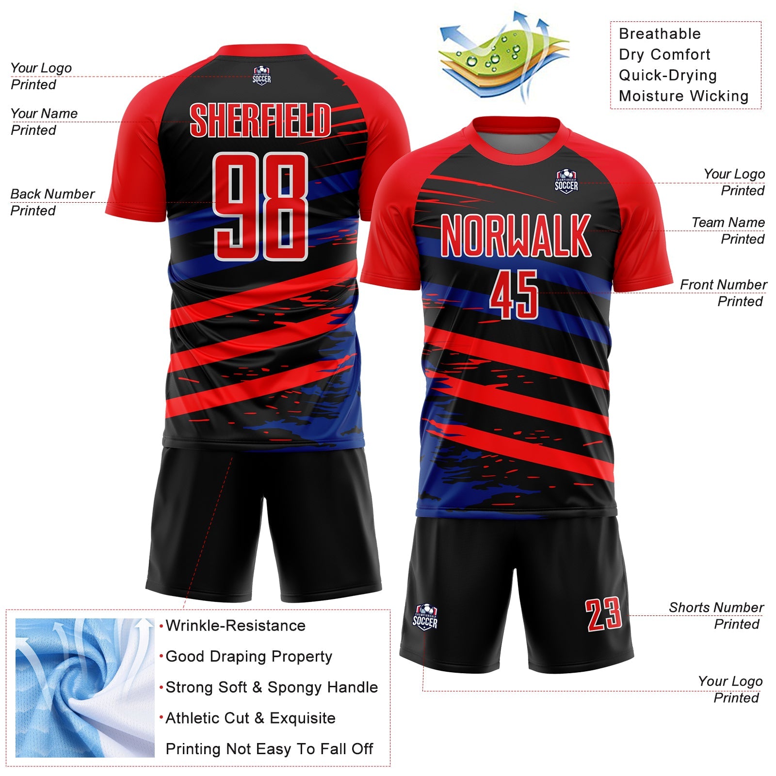 Custom Fire Red Royal-Black Line Sublimation Soccer Uniform Jersey view 4