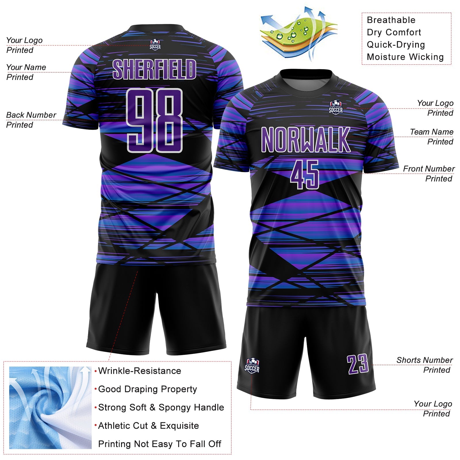 Custom Black Purple-White Line Sublimation Soccer Uniform Jersey view 4