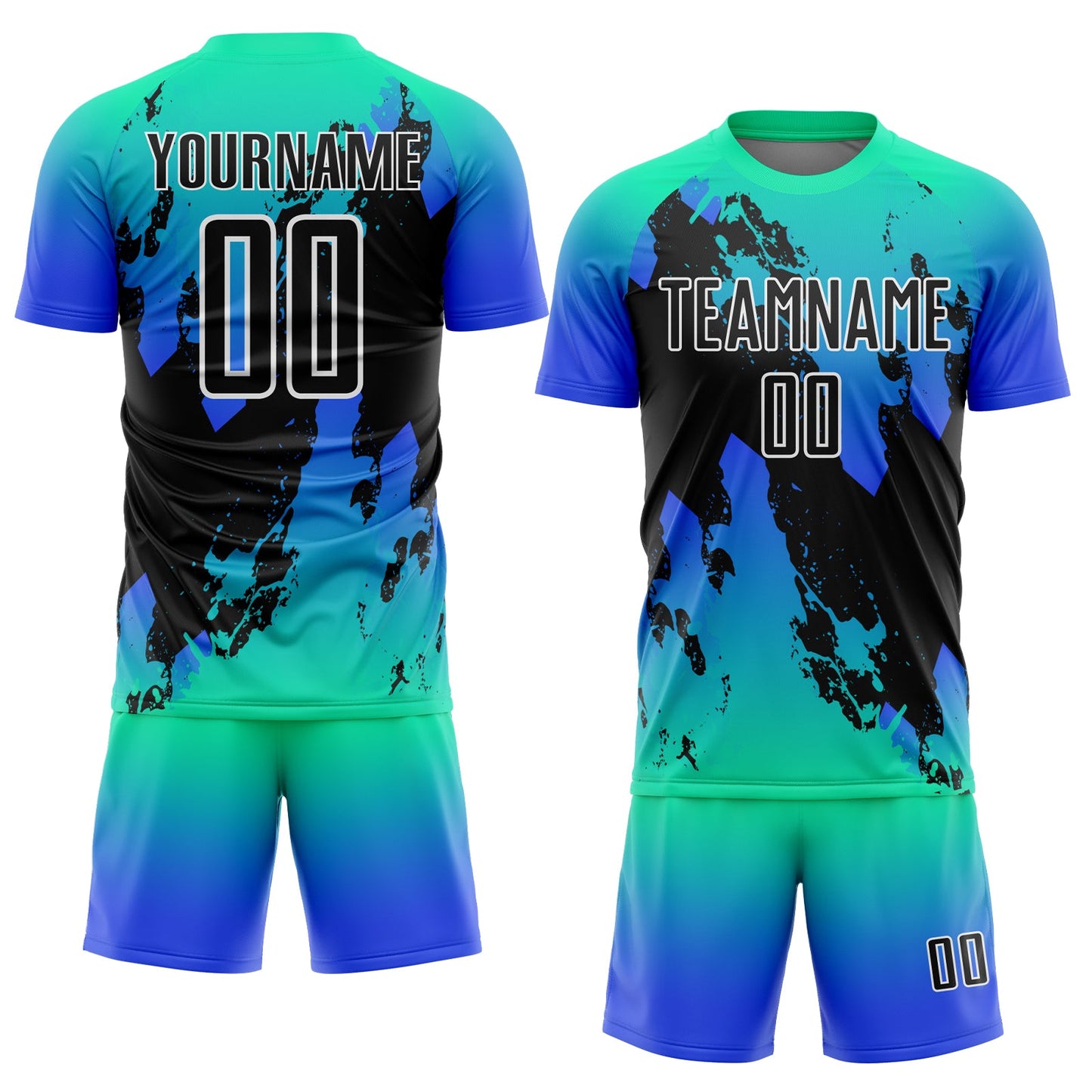 Custom Aqua Black-Thunder Blue Splash Sublimation Soccer Uniform Jersey view 2