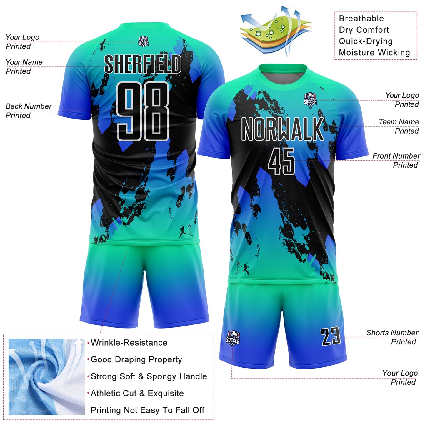 Custom Aqua Black-Thunder Blue Splash Sublimation Soccer Uniform Jersey view 4